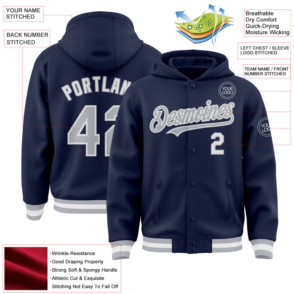 Custom Navy Gray-White Bomber Full-Snap Varsity Letterman Hoodie Jacket view 3