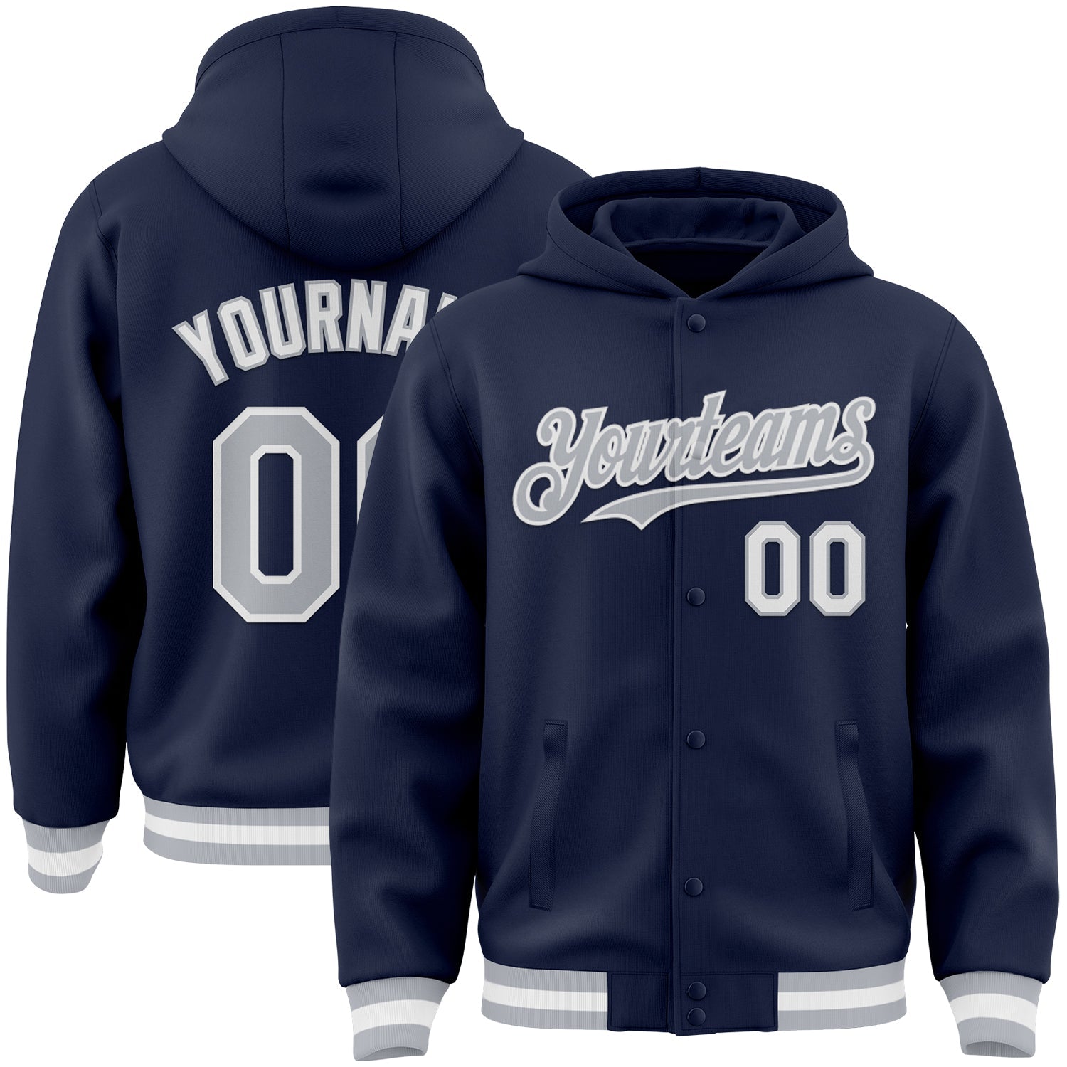 Custom Navy Gray-White Bomber Full-Snap Varsity Letterman Hoodie Jacket - Main View