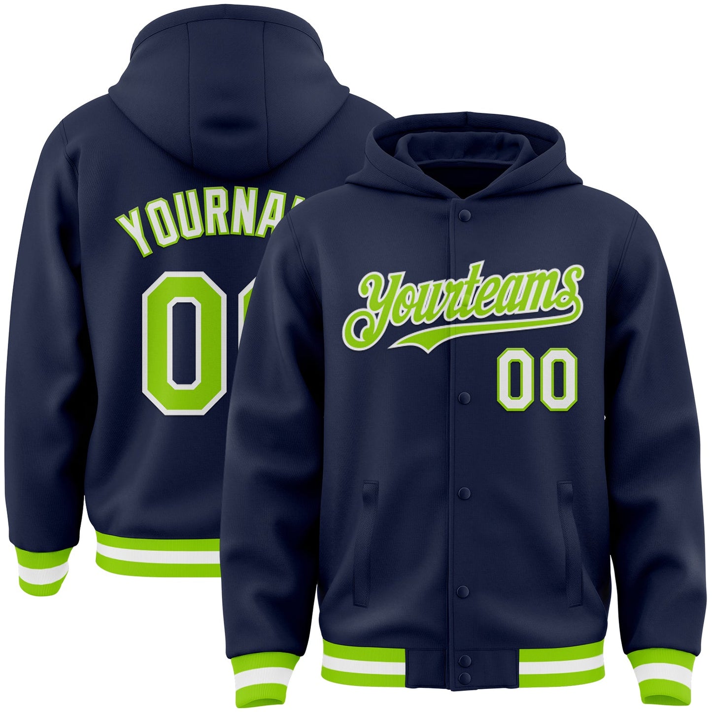 Custom Navy Neon Green-White Bomber Full-Snap Varsity Letterman Hoodie Jacket - Main View