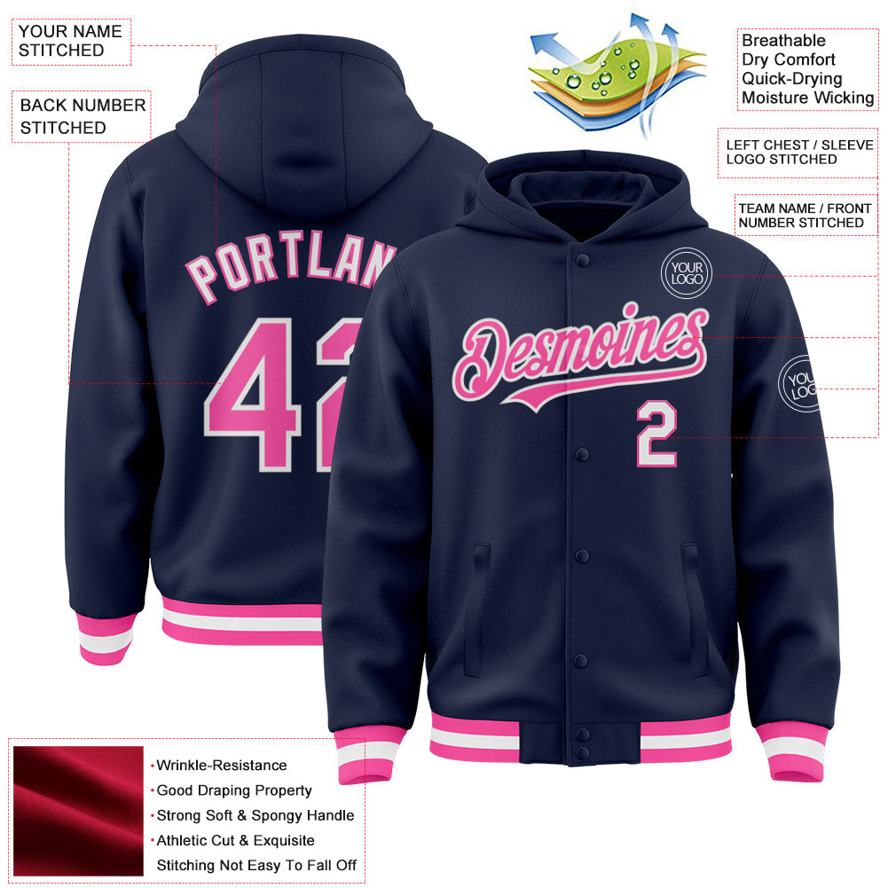 Custom Navy Pink-White Bomber Full-Snap Varsity Letterman Hoodie Jacket view 3