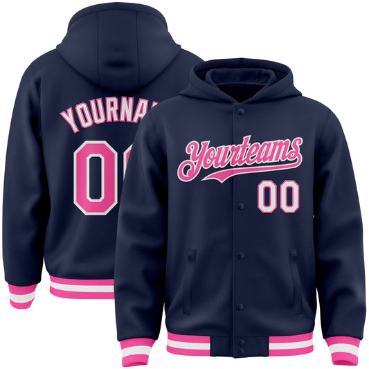 Custom Navy Pink-White Bomber Full-Snap Varsity Letterman Hoodie Jacket - Main View
