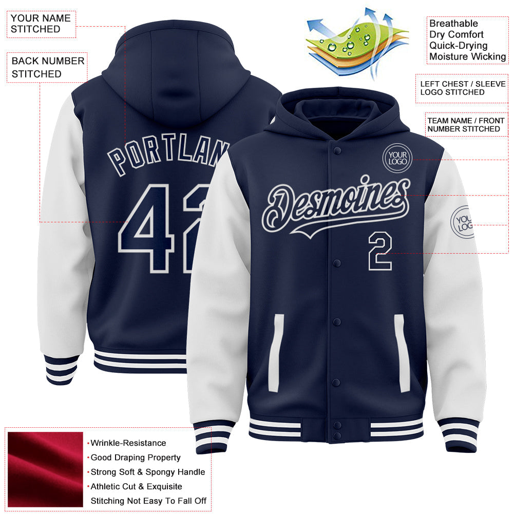 Custom Navy White Bomber Full-Snap Varsity Letterman Two Tone Hoodie Jacket view 3