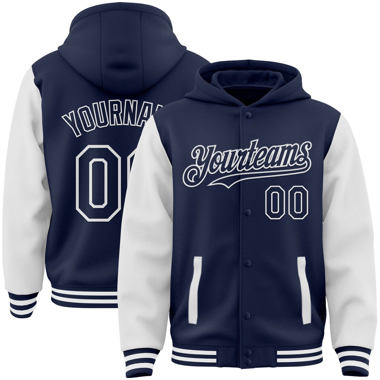 Custom Navy White Bomber Full-Snap Varsity Letterman Two Tone Hoodie Jacket - Main View
