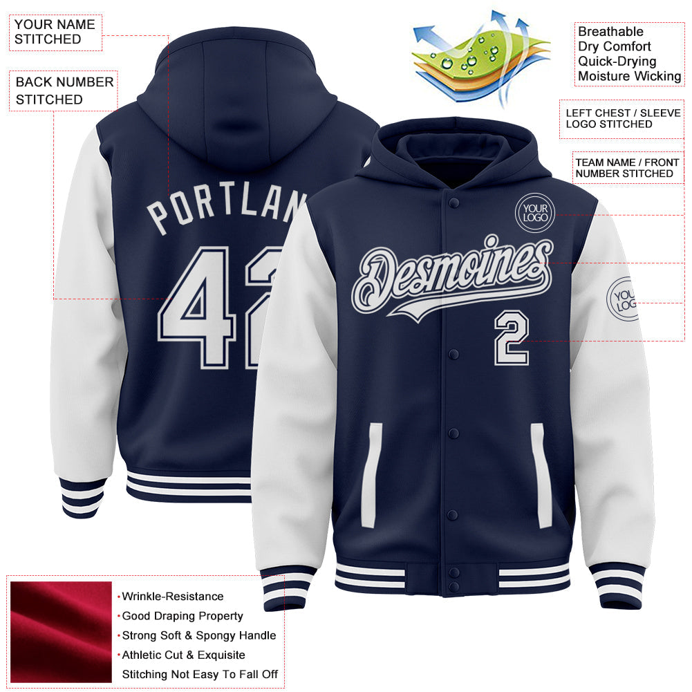 Custom Navy White Bomber Full-Snap Varsity Letterman Two Tone Hoodie Jacket view 3