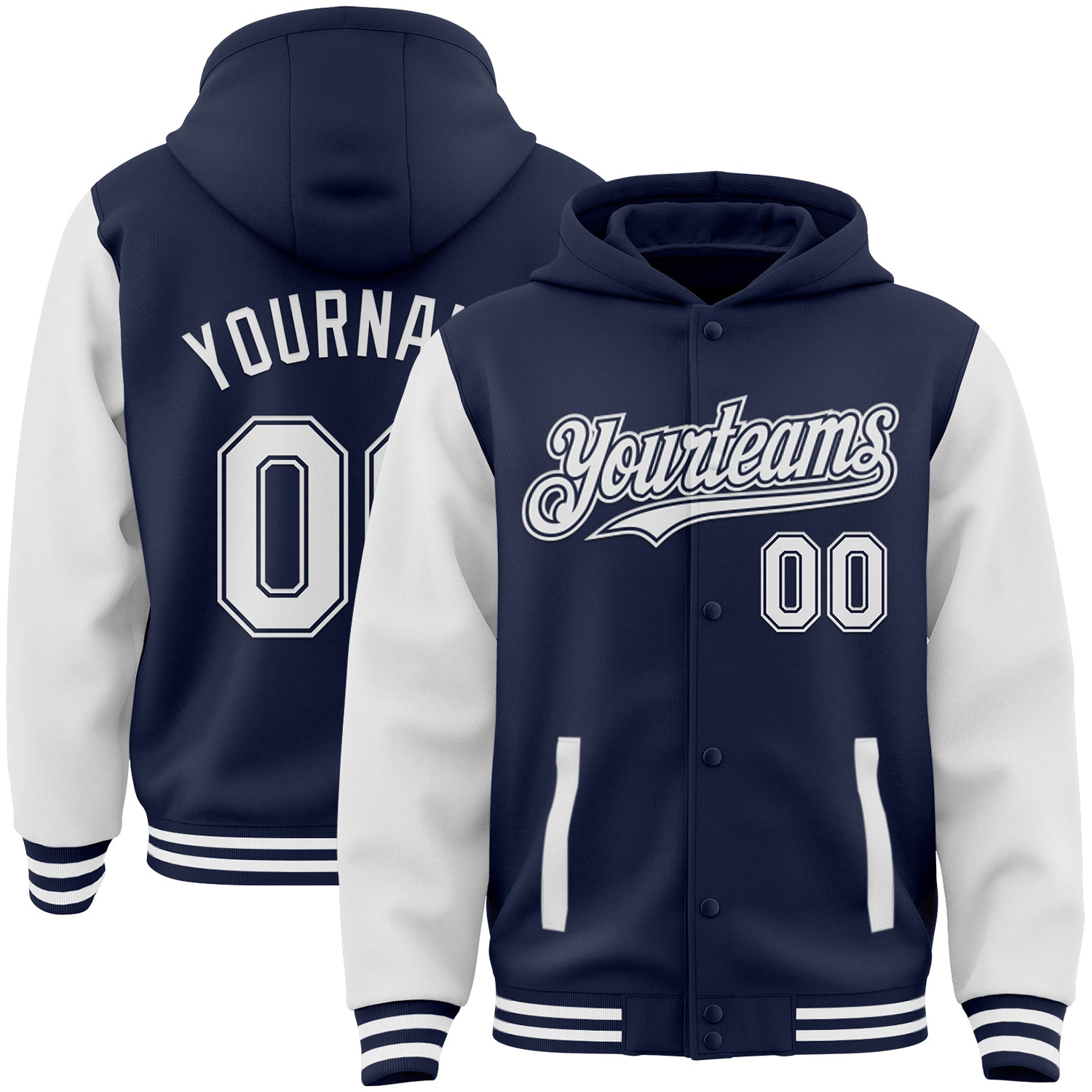 Custom Navy White Bomber Full-Snap Varsity Letterman Two Tone Hoodie Jacket - Main View