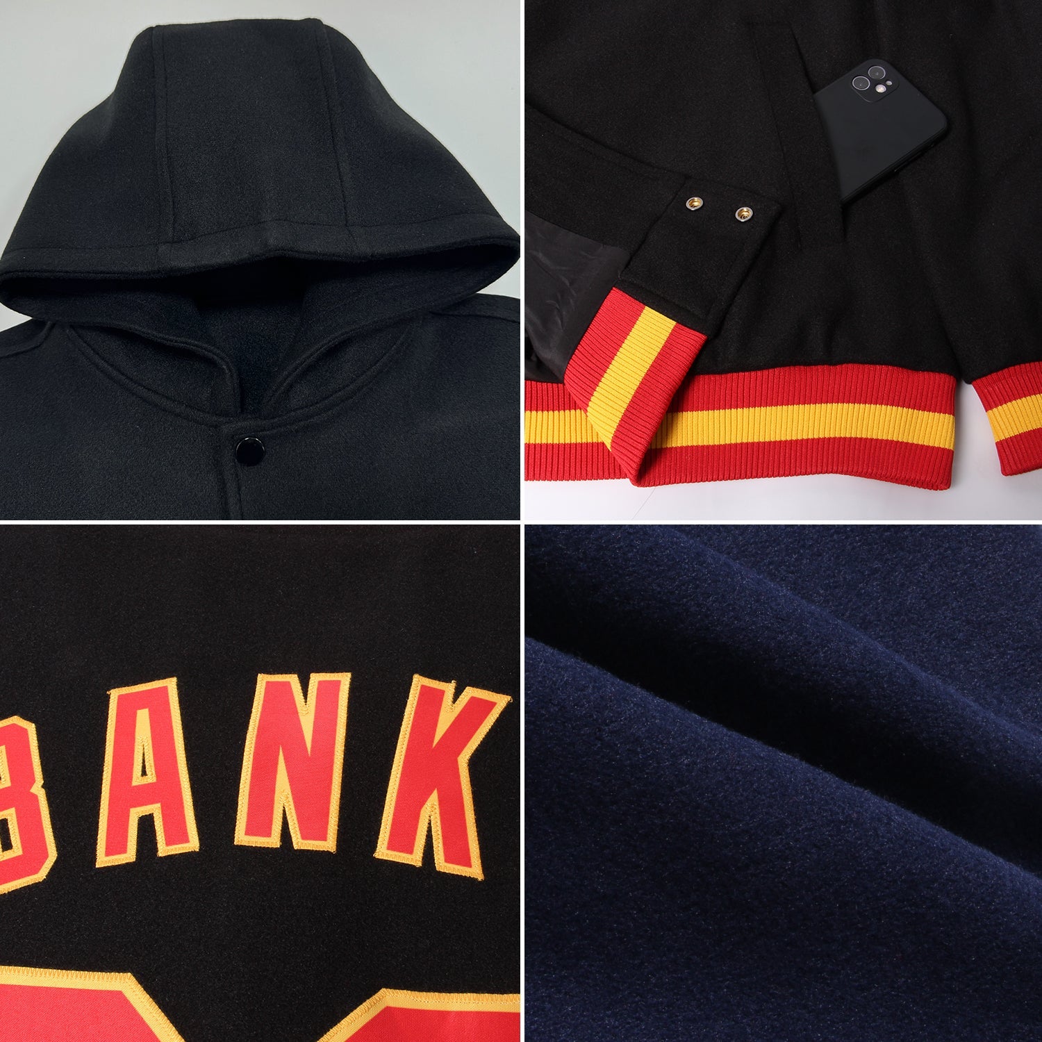 Custom Navy White Bomber Full-Snap Varsity Letterman Two Tone Hoodie Jacket view 2