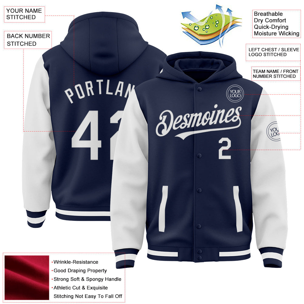 Custom Navy White Bomber Full-Snap Varsity Letterman Two Tone Hoodie Jacket view 3