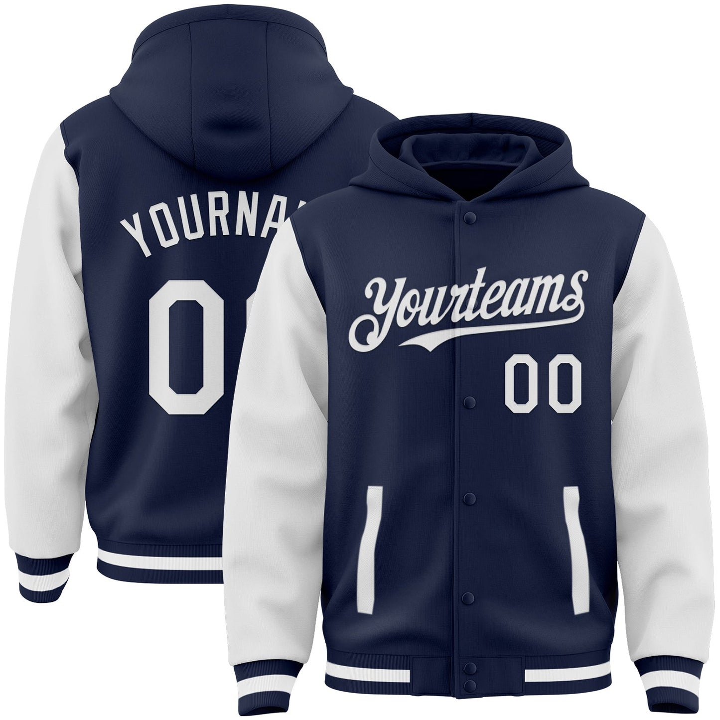 Custom Navy White Bomber Full-Snap Varsity Letterman Two Tone Hoodie Jacket - Main View