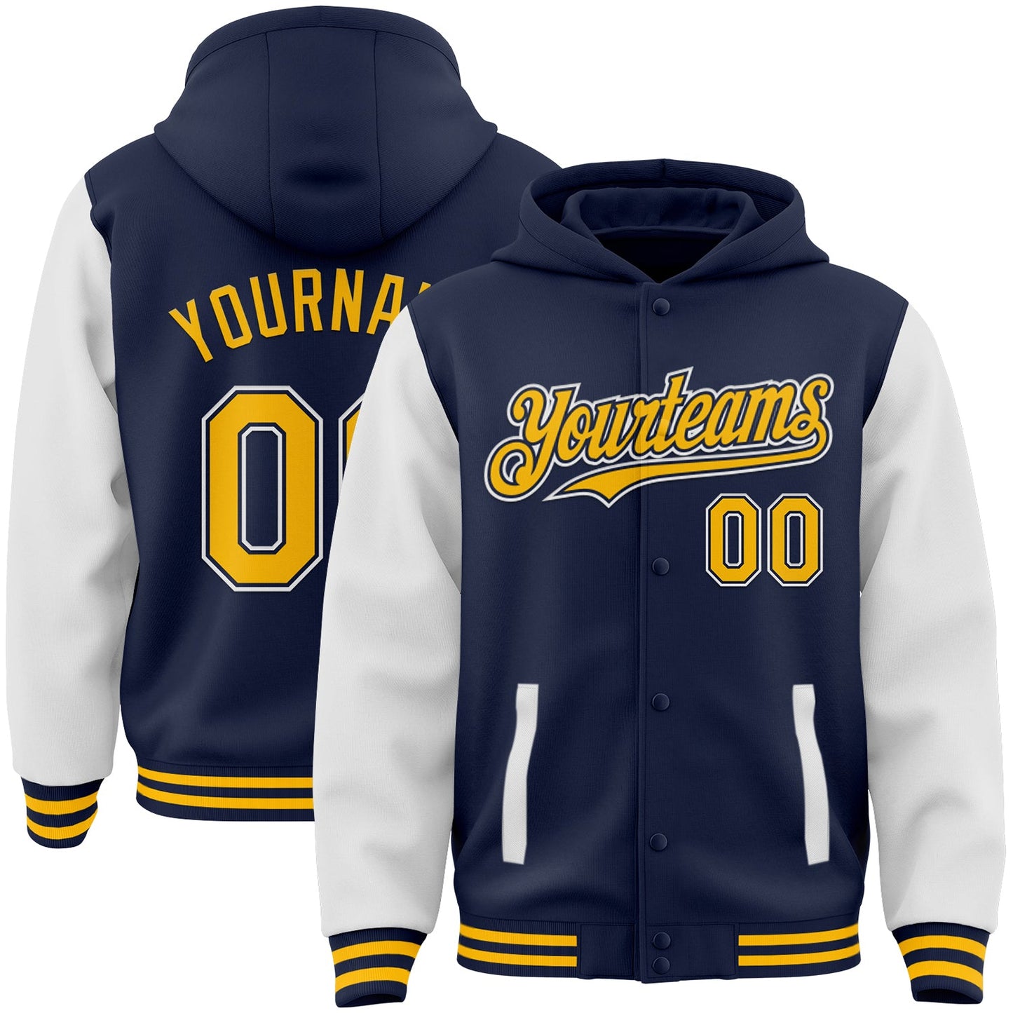 Custom Navy Gold-White Bomber Full-Snap Varsity Letterman Two Tone Hoodie Jacket - Main View