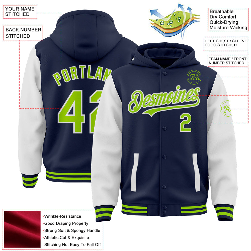 Custom Navy Neon Green-White Bomber Full-Snap Varsity Letterman Two Tone Hoodie Jacket view 3
