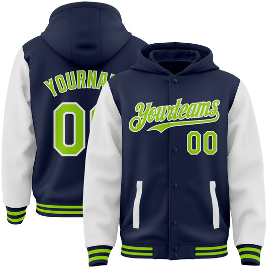 Custom Navy Neon Green-White Bomber Full-Snap Varsity Letterman Two Tone Hoodie Jacket - Main View