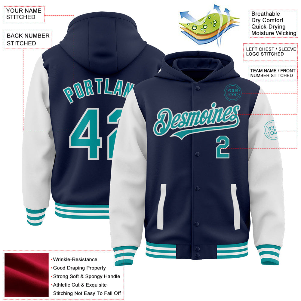 Custom Navy Teal-White Bomber Full-Snap Varsity Letterman Two Tone Hoodie Jacket view 3