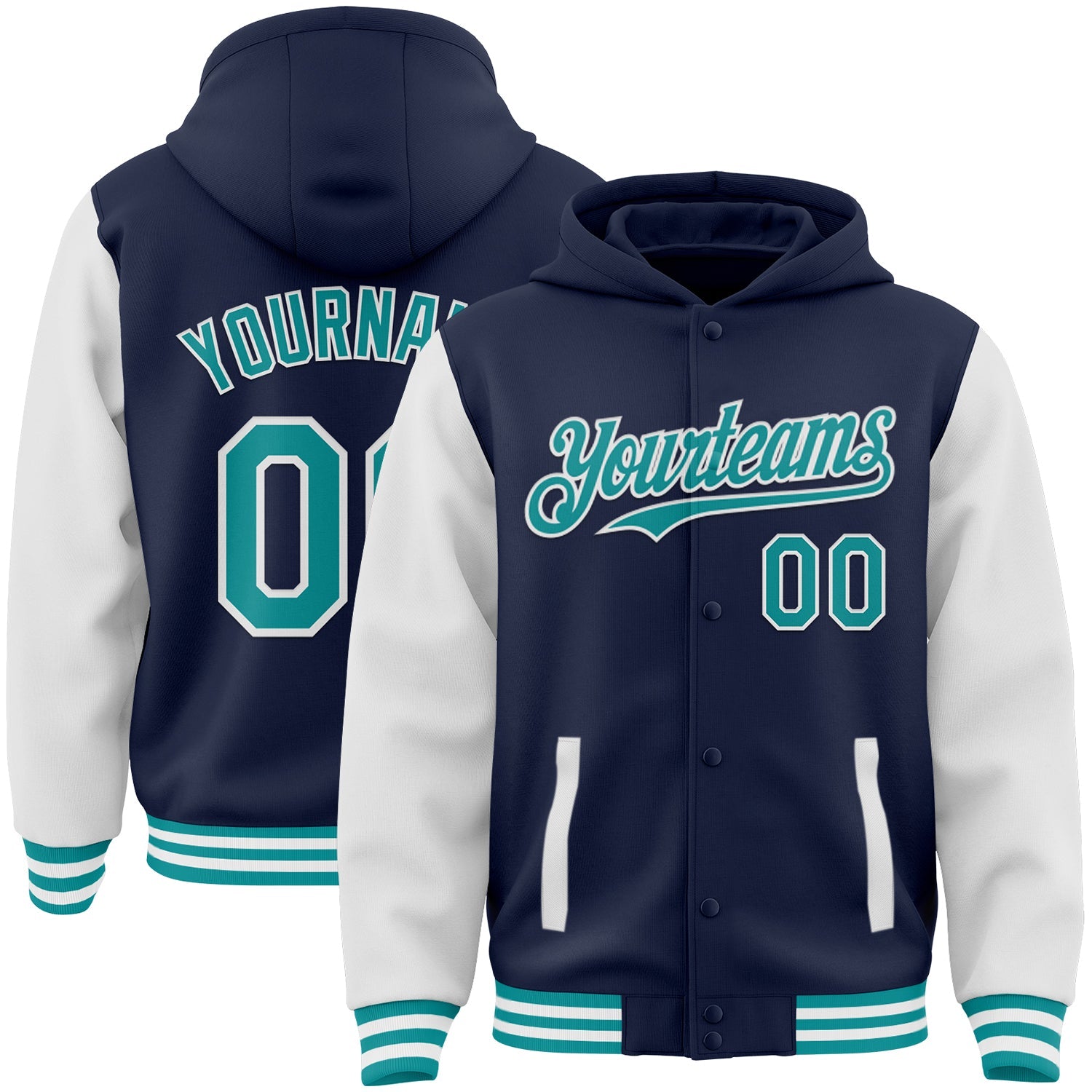 Custom Navy Teal-White Bomber Full-Snap Varsity Letterman Two Tone Hoodie Jacket - Main View
