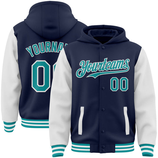 Custom Navy Teal-White Bomber Full-Snap Varsity Letterman Two Tone Hoodie Jacket - Main View