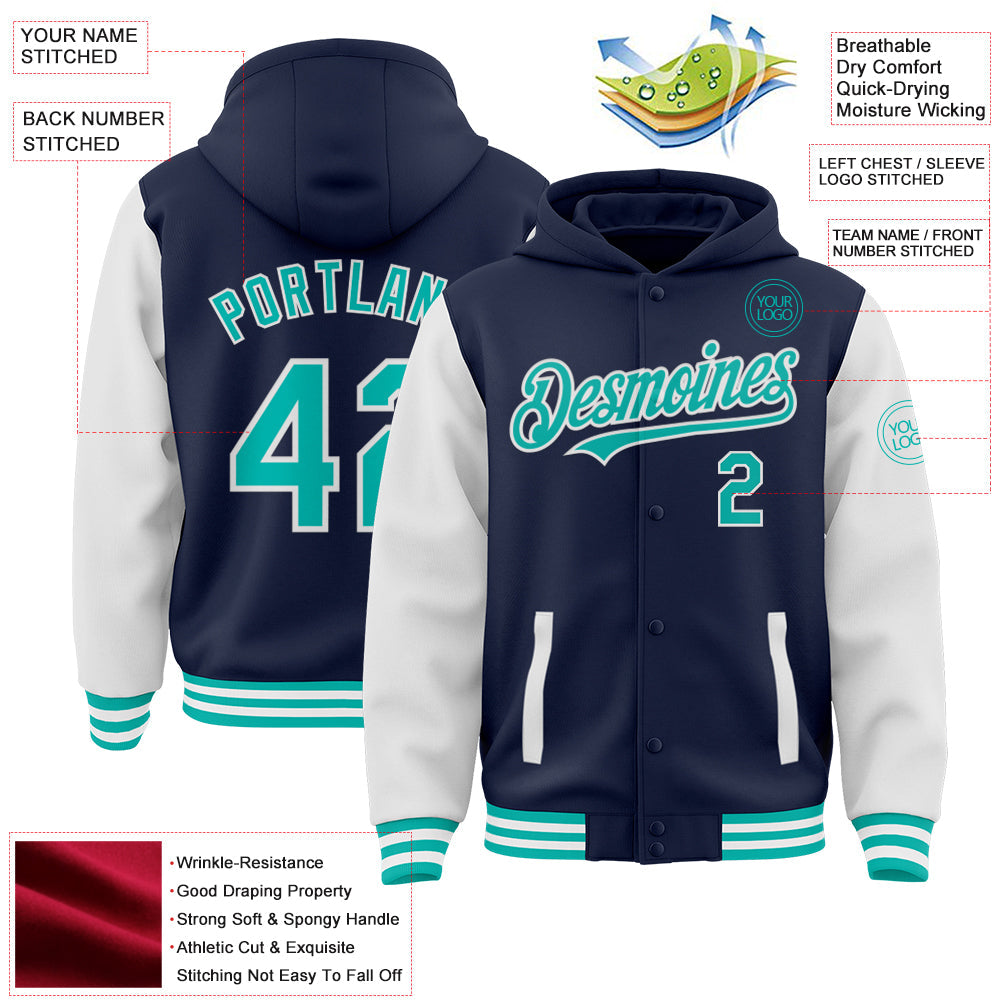 Custom Navy Aqua-White Bomber Full-Snap Varsity Letterman Two Tone Hoodie Jacket view 3