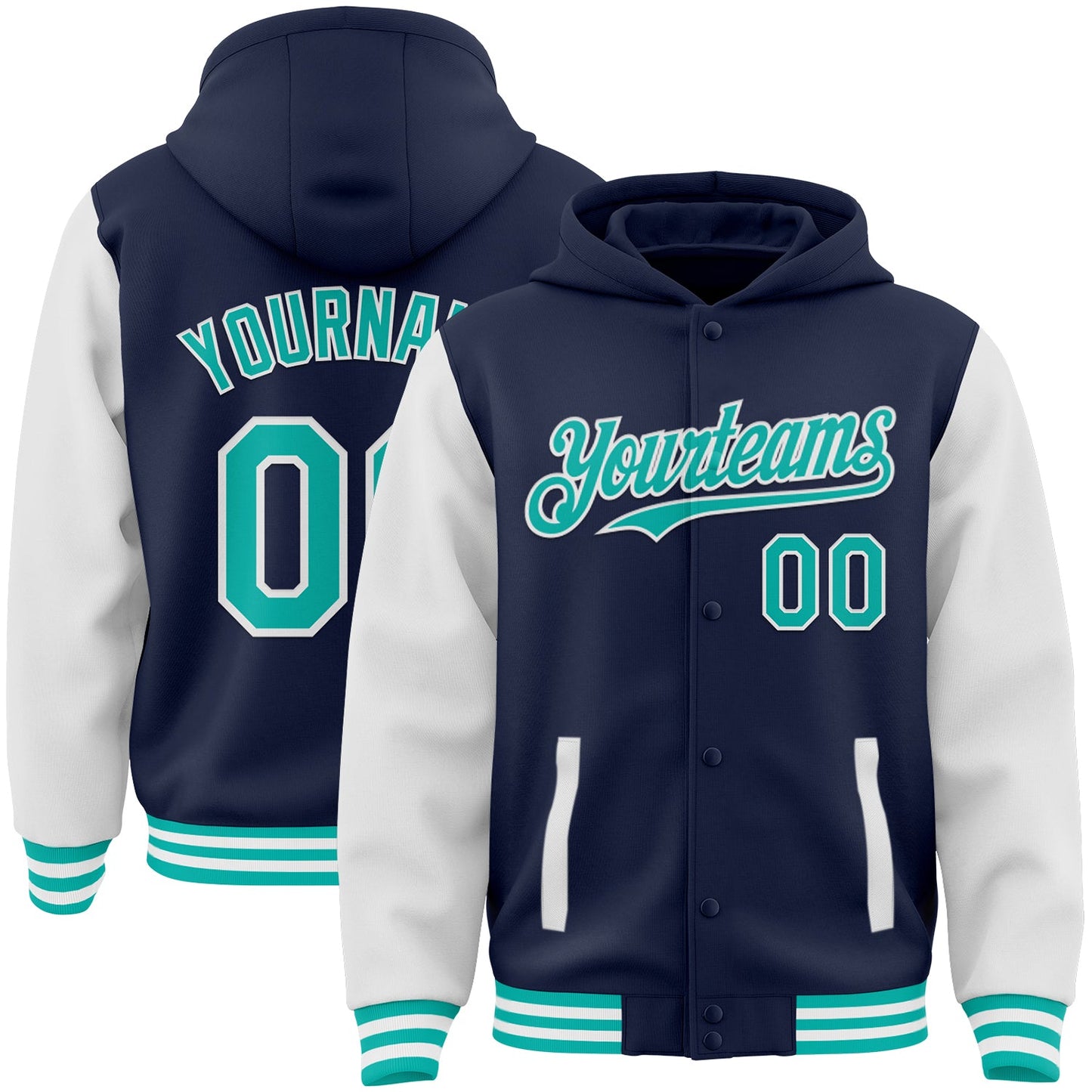 Custom Navy Aqua-White Bomber Full-Snap Varsity Letterman Two Tone Hoodie Jacket - Main View