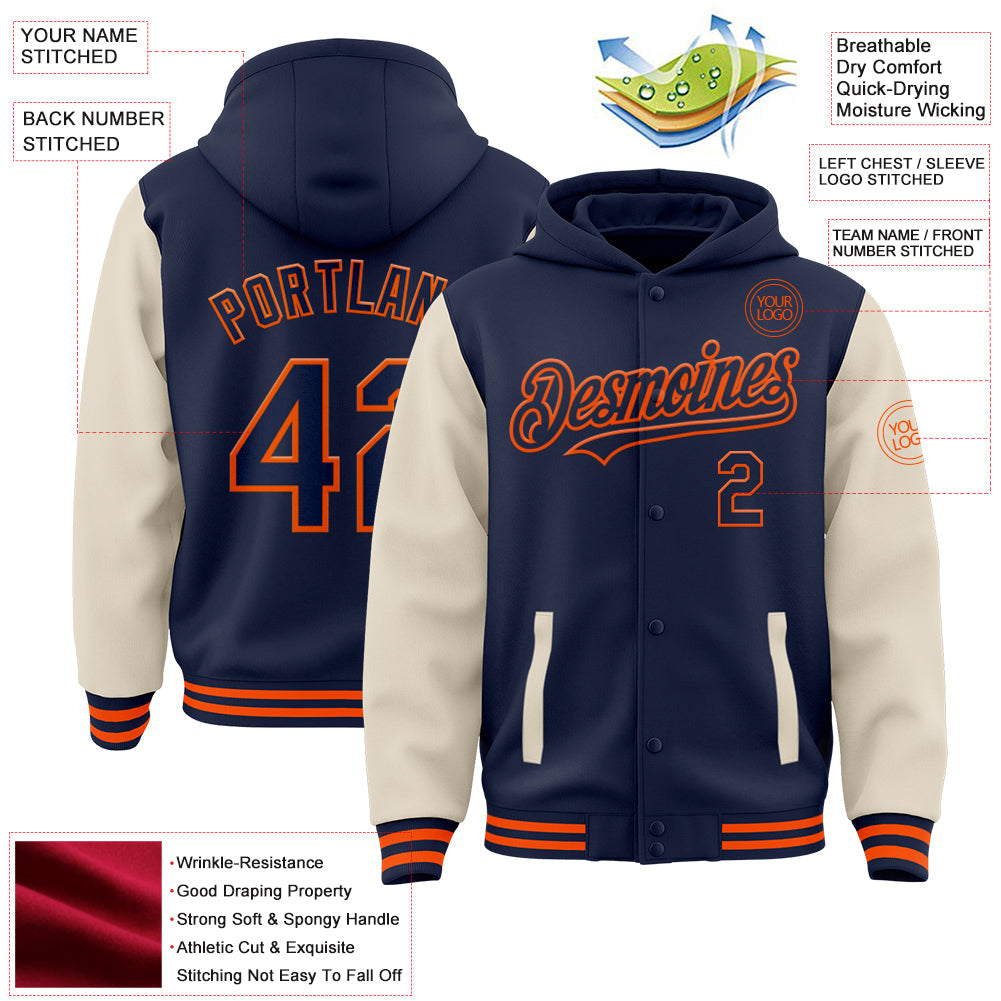 Custom Navy Cream-Orange Bomber Full-Snap Varsity Letterman Two Tone Hoodie Jacket view 3