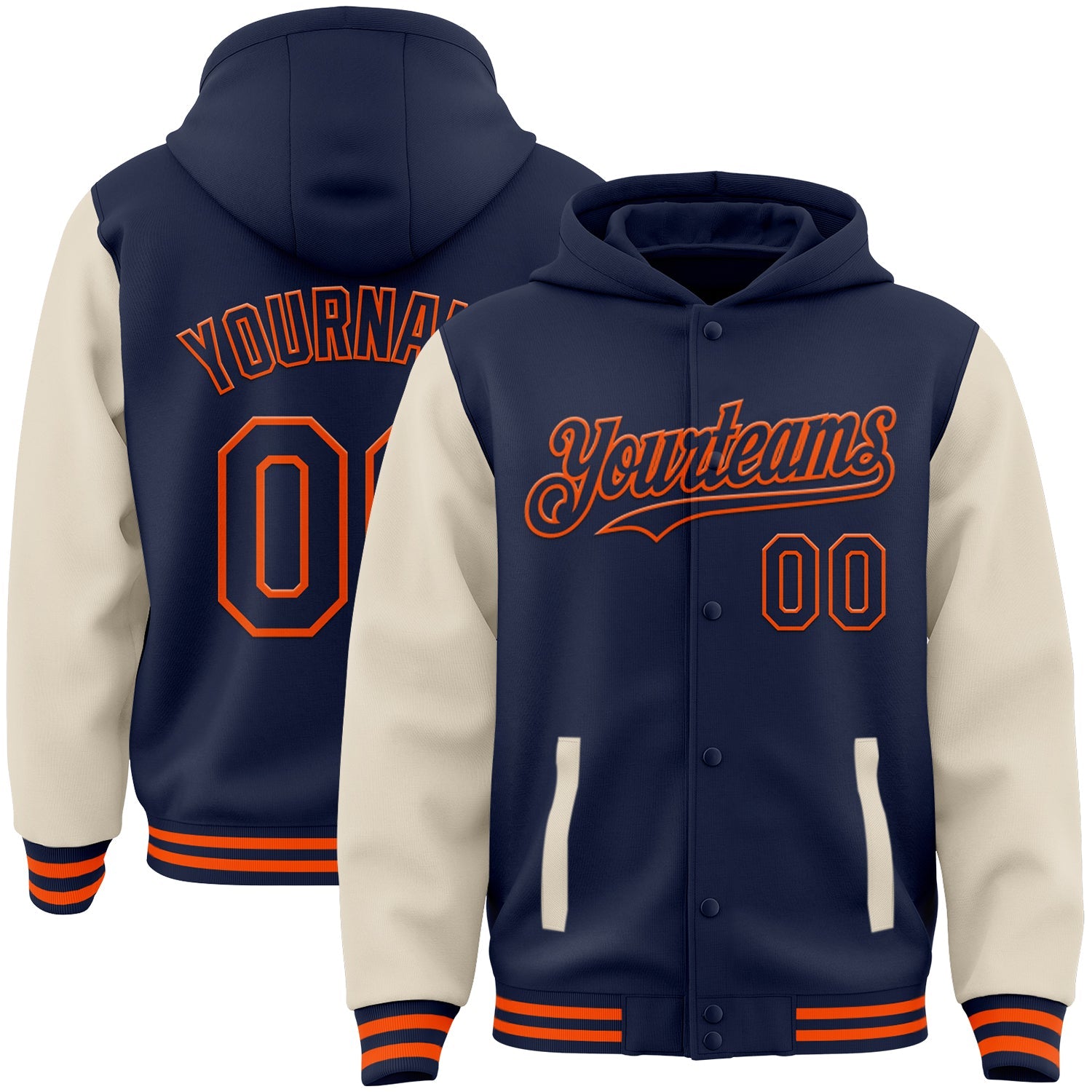 Custom Navy Cream-Orange Bomber Full-Snap Varsity Letterman Two Tone Hoodie Jacket - Main View