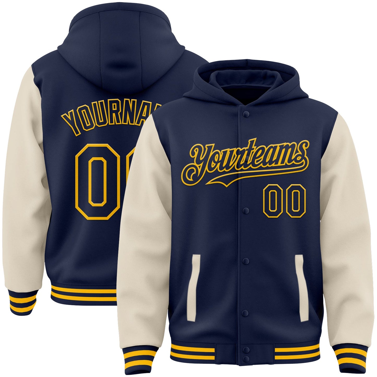 Custom Navy Cream-Gold Bomber Full-Snap Varsity Letterman Two Tone Hoodie Jacket - Main View