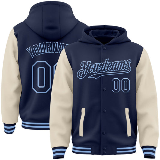 Custom Navy Cream-Light Blue Bomber Full-Snap Varsity Letterman Two Tone Hoodie Jacket - Main View