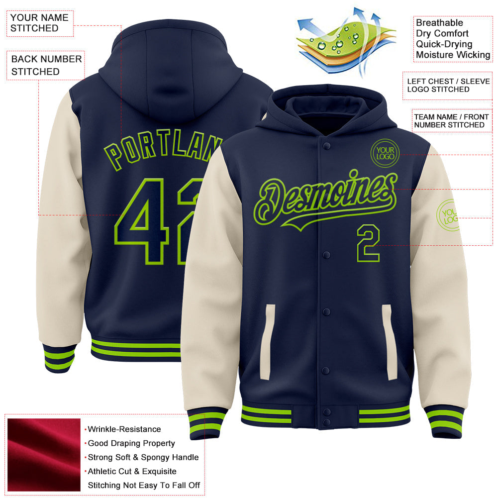 Custom Navy Cream-Neon Green Bomber Full-Snap Varsity Letterman Two Tone Hoodie Jacket view 3