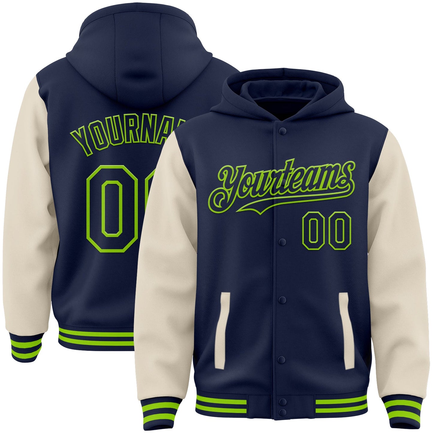Custom Navy Cream-Neon Green Bomber Full-Snap Varsity Letterman Two Tone Hoodie Jacket - Main View