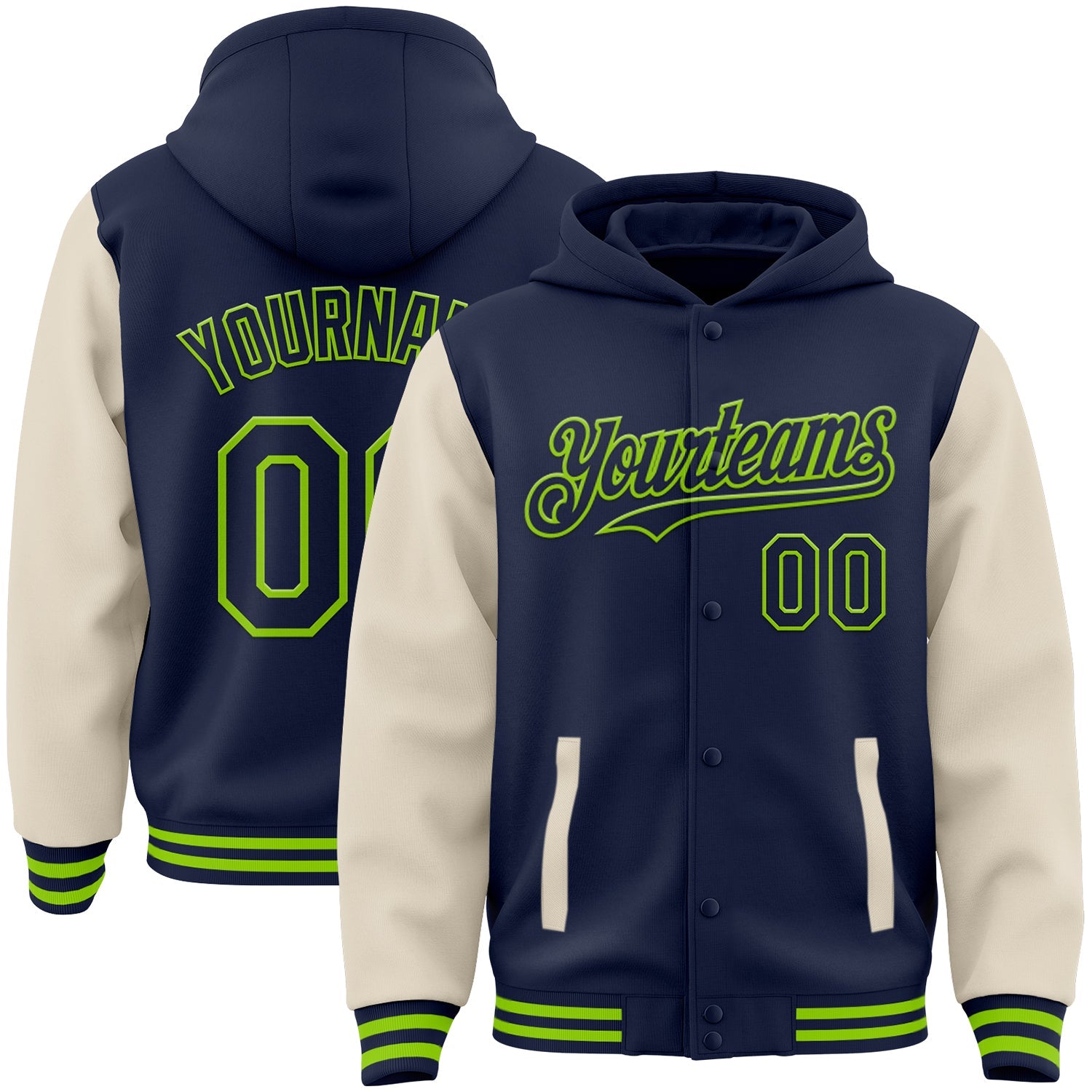 Custom Navy Cream-Neon Green Bomber Full-Snap Varsity Letterman Two Tone Hoodie Jacket - Main View