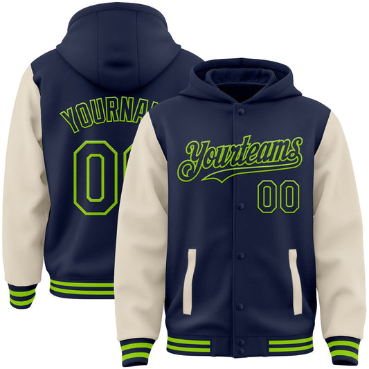 Custom Navy Cream-Neon Green Bomber Full-Snap Varsity Letterman Two Tone Hoodie Jacket - Main View
