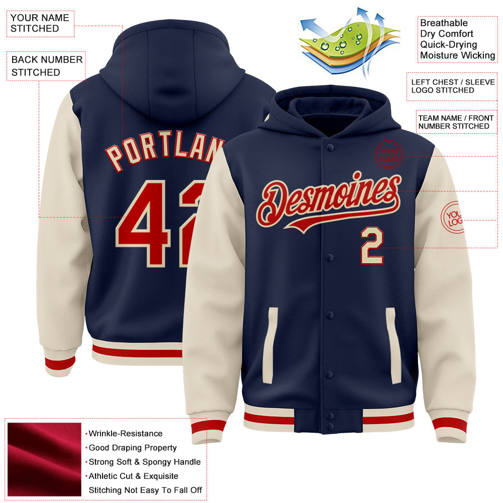 Custom Navy Red-Cream Bomber Full-Snap Varsity Letterman Two Tone Hoodie Jacket view 3