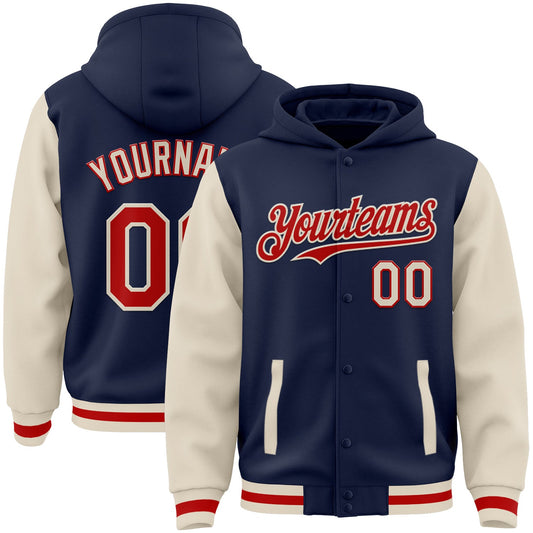 Custom Navy Red-Cream Bomber Full-Snap Varsity Letterman Two Tone Hoodie Jacket - Main View