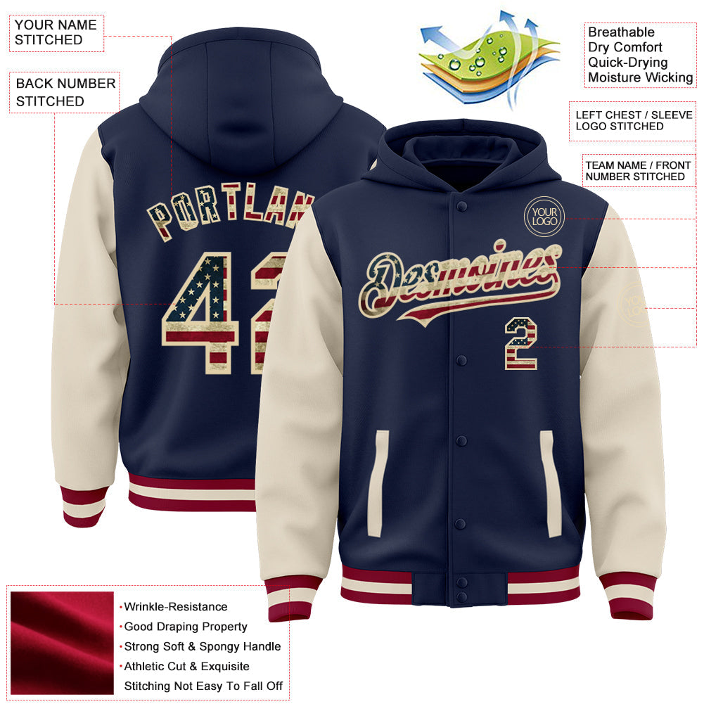 Custom Navy Vintage USA Flag Cream-Maroon Bomber Full-Snap Varsity Letterman Two Tone Hoodie Jacket view 3