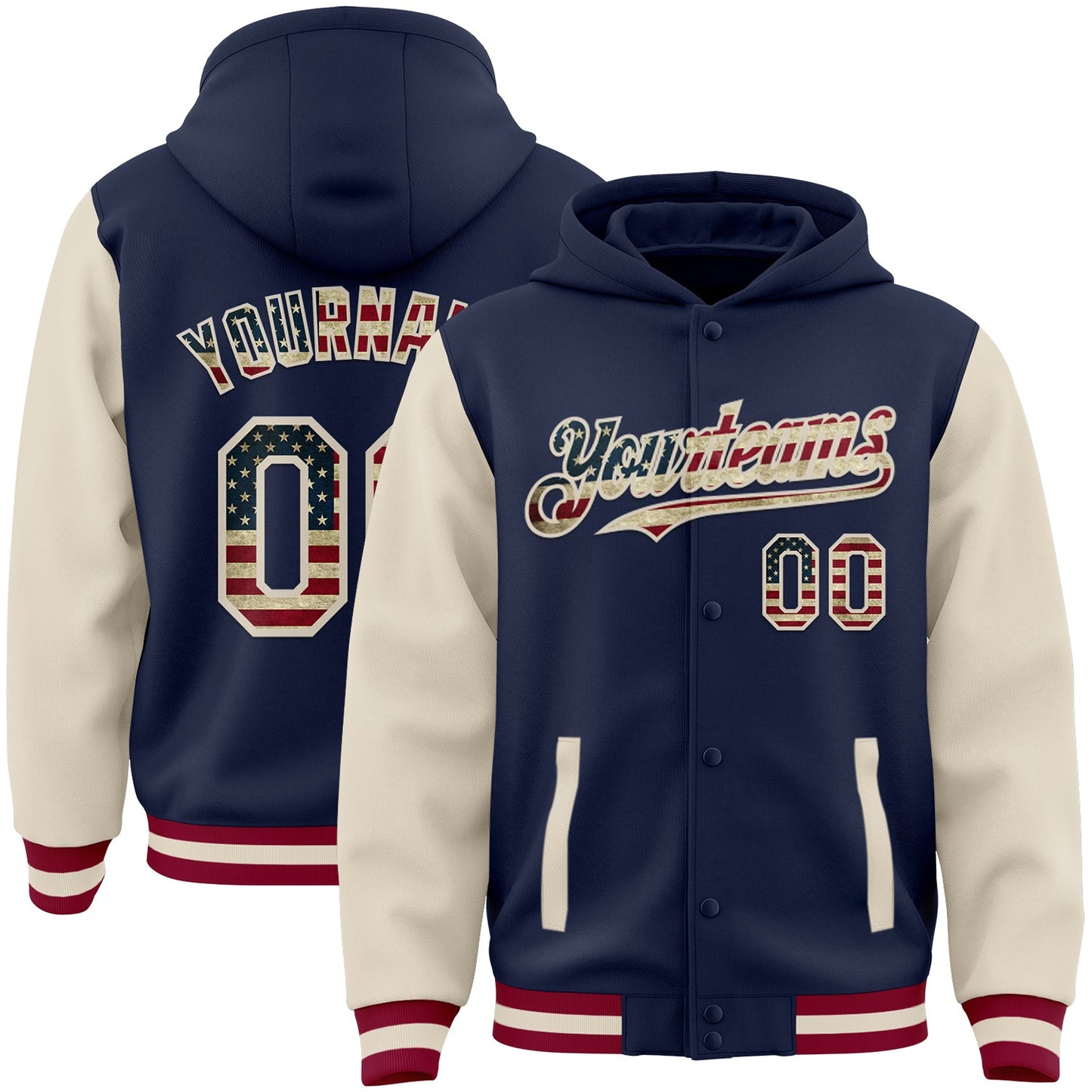 Custom Navy Vintage USA Flag Cream-Maroon Bomber Full-Snap Varsity Letterman Two Tone Hoodie Jacket - Main View