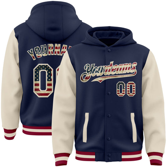 Custom Navy Vintage USA Flag Cream-Maroon Bomber Full-Snap Varsity Letterman Two Tone Hoodie Jacket - Main View