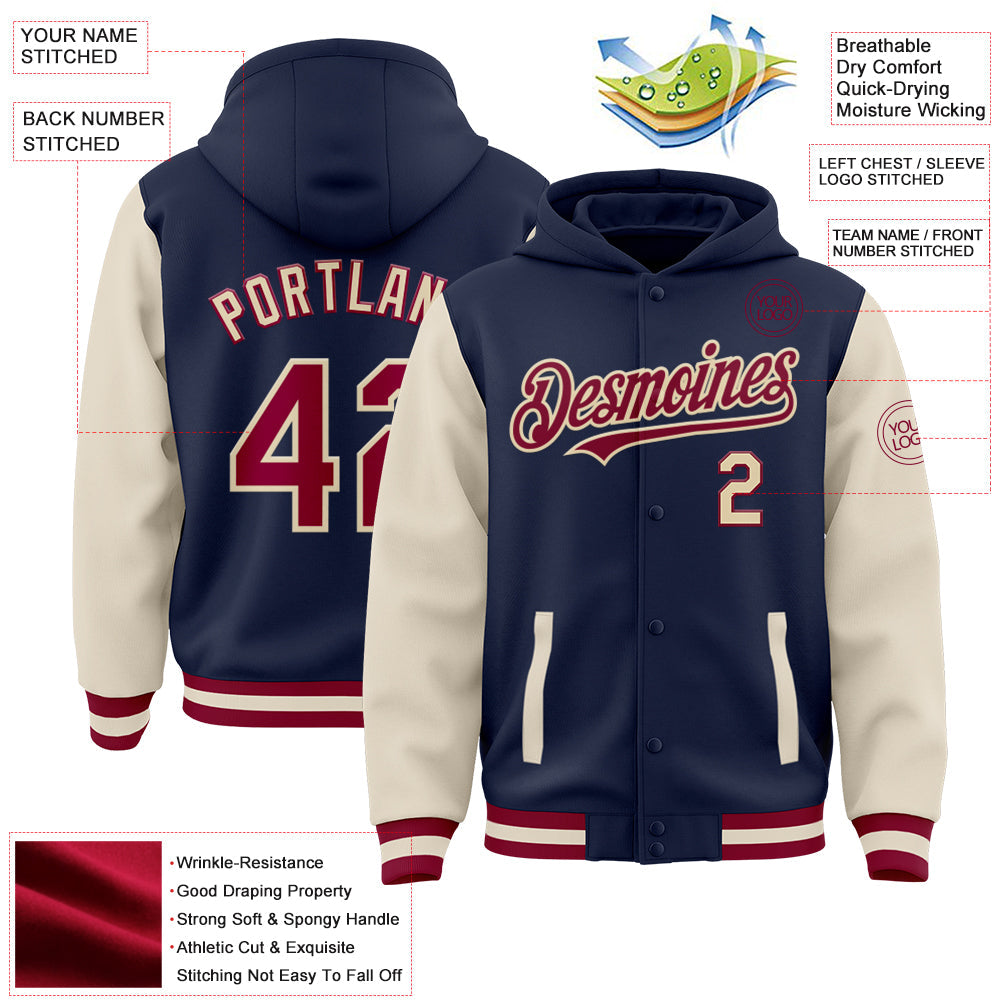 Custom Navy Maroon-Cream Bomber Full-Snap Varsity Letterman Two Tone Hoodie Jacket view 3
