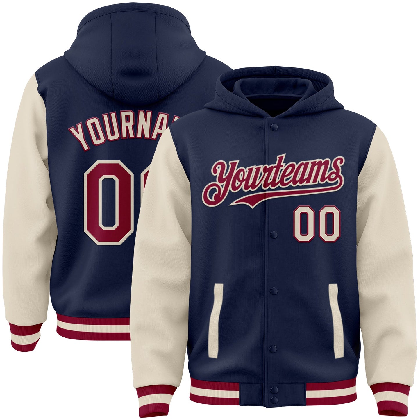 Custom Navy Maroon-Cream Bomber Full-Snap Varsity Letterman Two Tone Hoodie Jacket - Main View