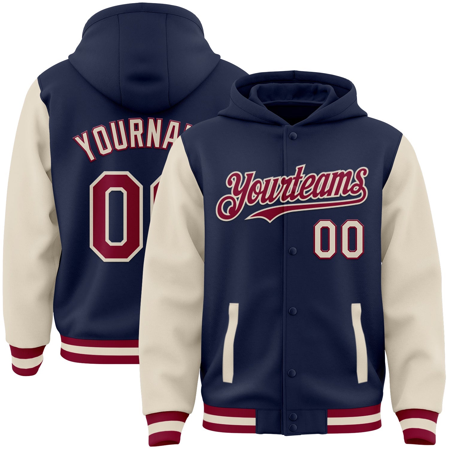 Custom Navy Maroon-Cream Bomber Full-Snap Varsity Letterman Two Tone Hoodie Jacket - Main View