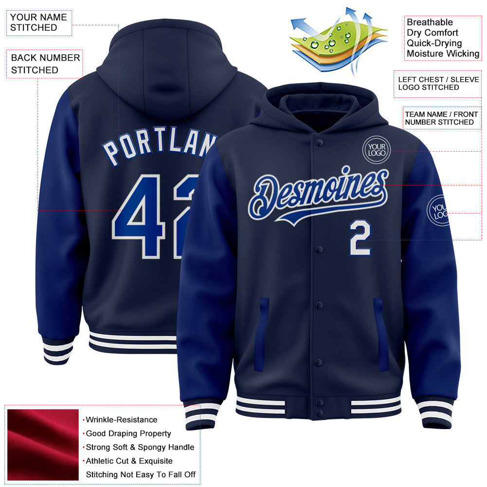 Custom Navy Royal-White Bomber Full-Snap Varsity Letterman Two Tone Hoodie Jacket view 3