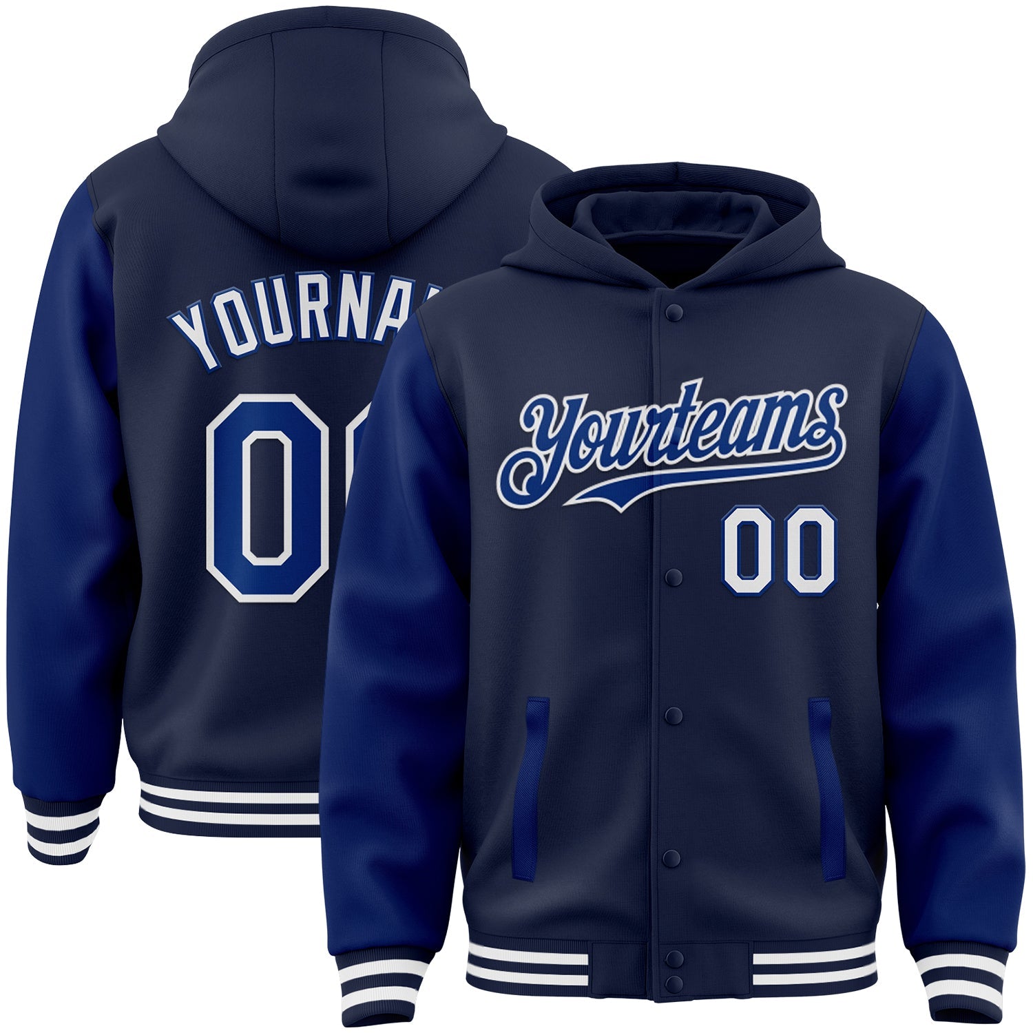 Custom Navy Royal-White Bomber Full-Snap Varsity Letterman Two Tone Hoodie Jacket - Main View