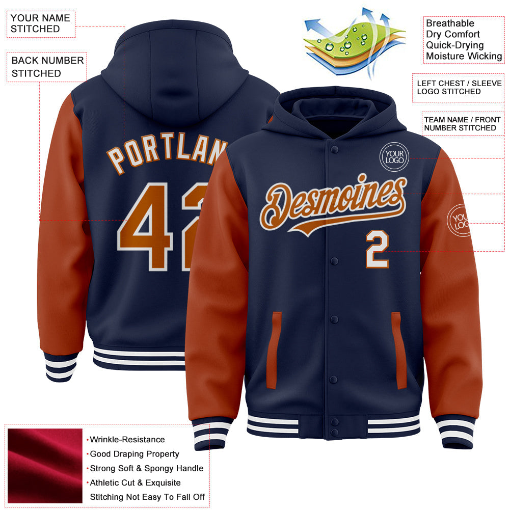 Custom Navy Texas Orange-White Bomber Full-Snap Varsity Letterman Two Tone Hoodie Jacket view 3