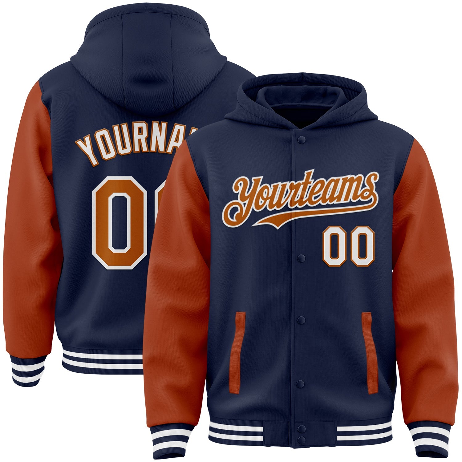 Custom Navy Texas Orange-White Bomber Full-Snap Varsity Letterman Two Tone Hoodie Jacket - Main View