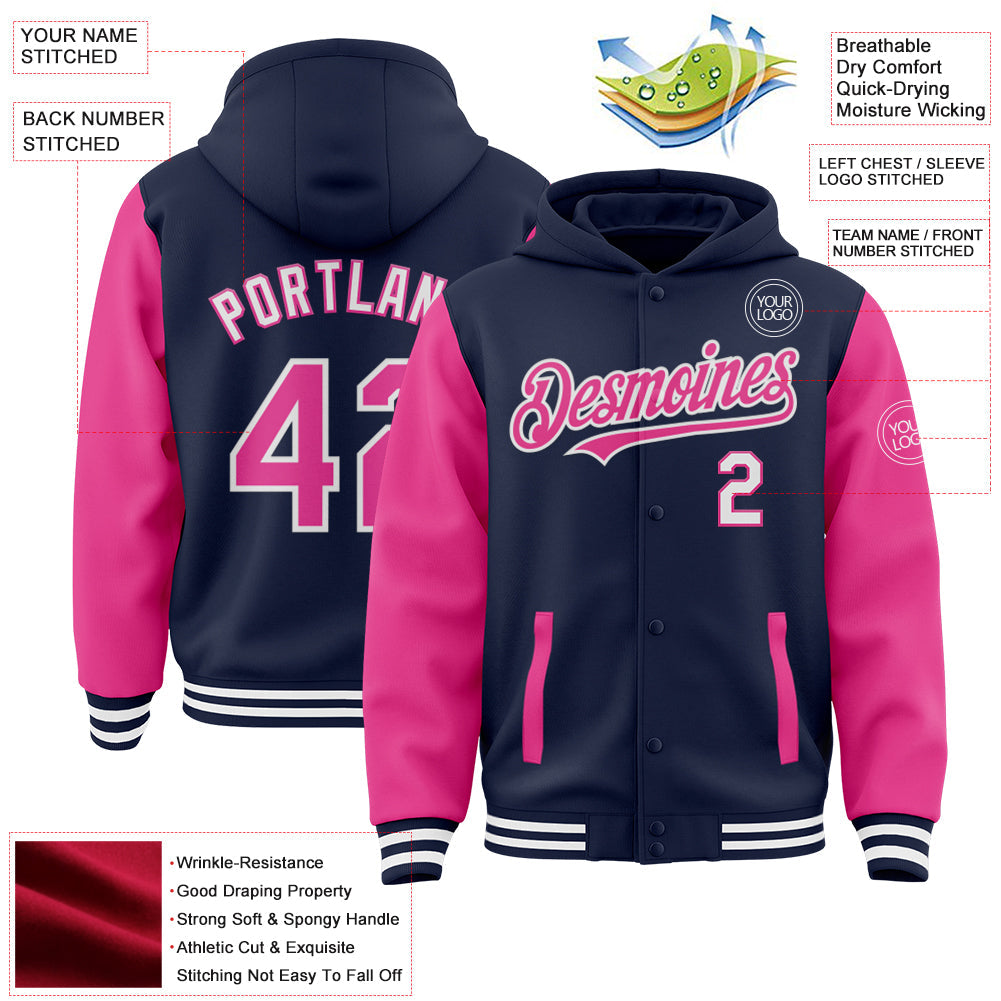 Custom Navy Pink-White Bomber Full-Snap Varsity Letterman Two Tone Hoodie Jacket view 3
