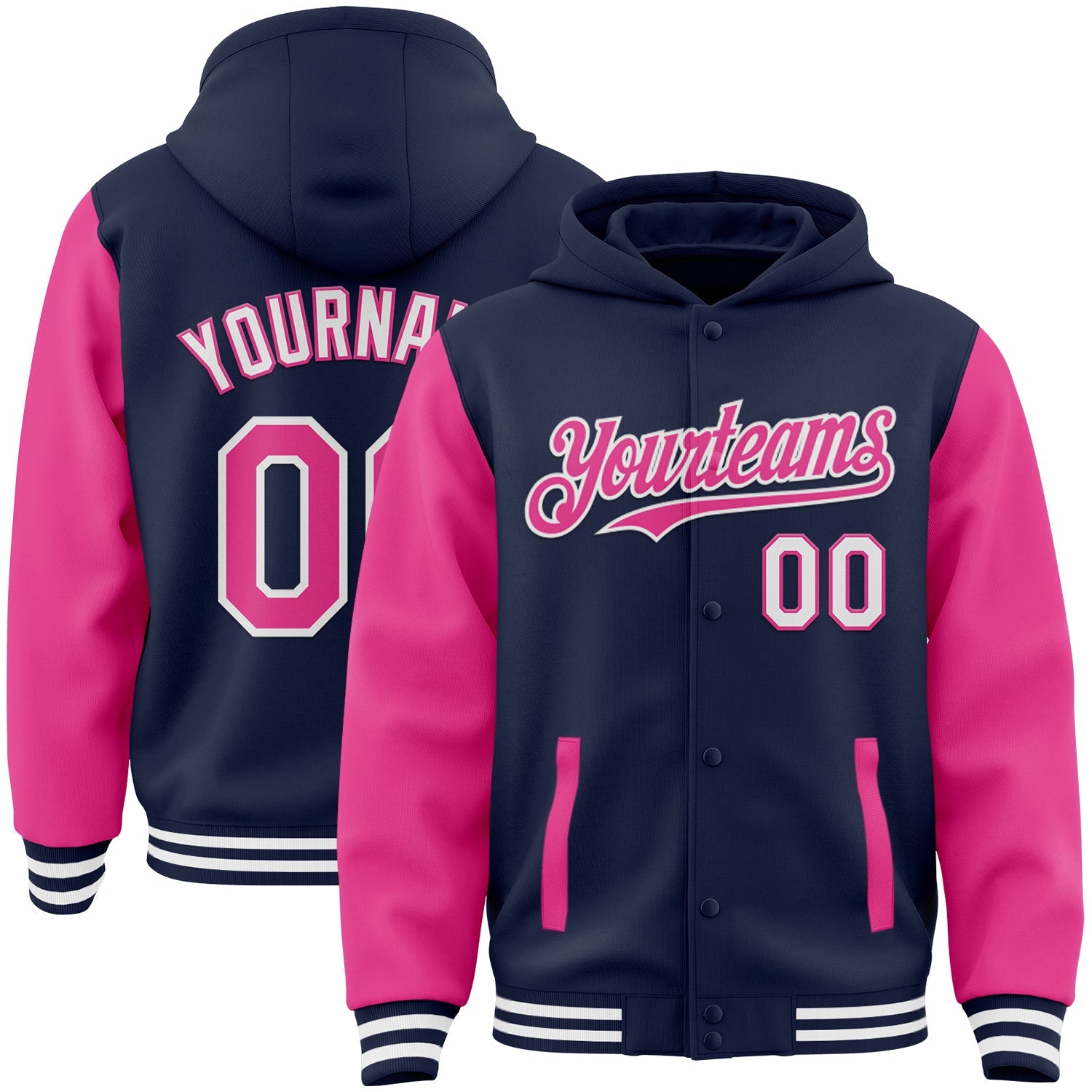 Custom Navy Pink-White Bomber Full-Snap Varsity Letterman Two Tone Hoodie Jacket - Main View