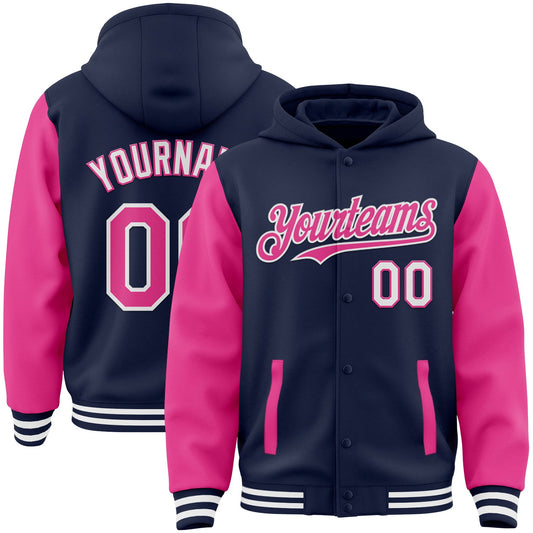 Custom Navy Pink-White Bomber Full-Snap Varsity Letterman Two Tone Hoodie Jacket - Main View