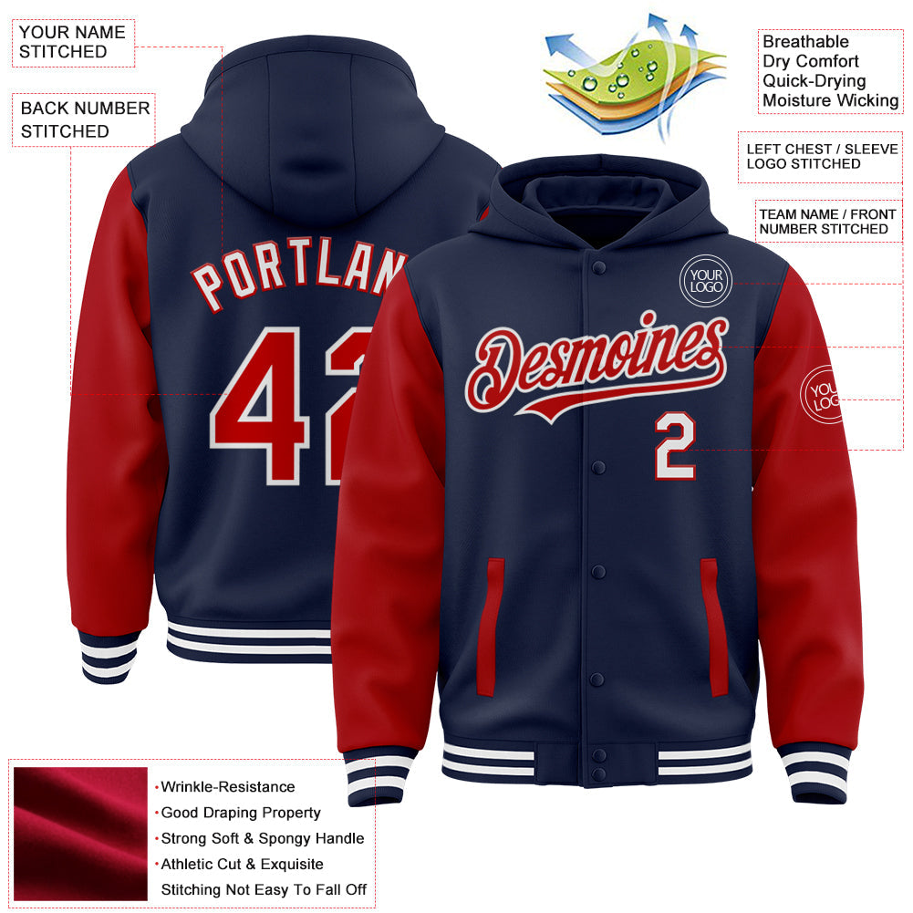 Custom Navy Red-White Bomber Full-Snap Varsity Letterman Two Tone Hoodie Jacket view 3