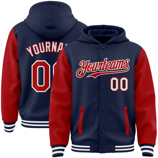 Custom Navy Red-White Bomber Full-Snap Varsity Letterman Two Tone Hoodie Jacket - Main View