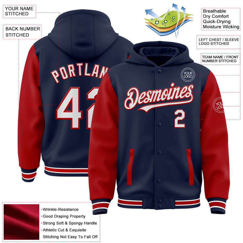 Custom Navy White-Red Bomber Full-Snap Varsity Letterman Two Tone Hoodie Jacket view 3