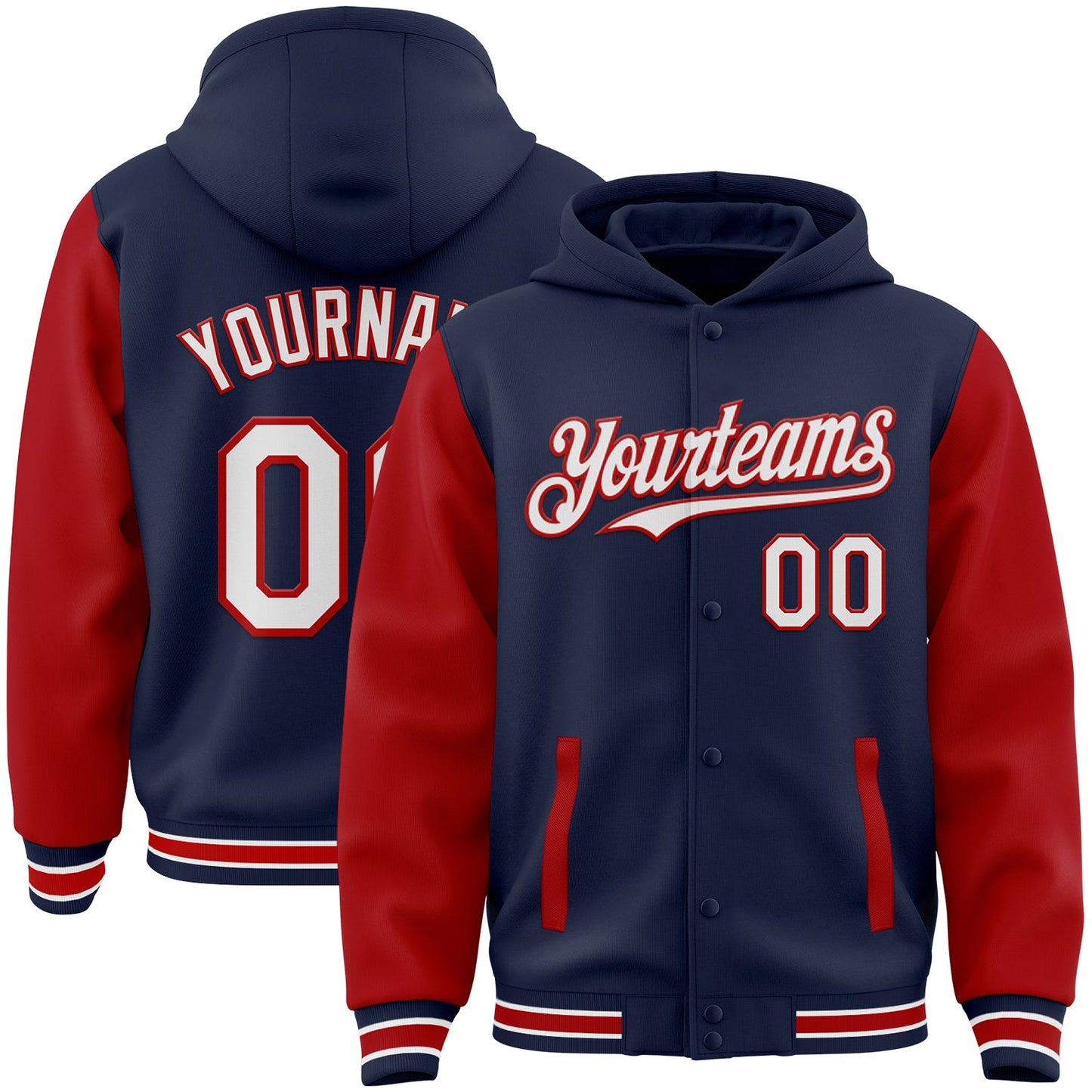Custom Navy White-Red Bomber Full-Snap Varsity Letterman Two Tone Hoodie Jacket - Main View