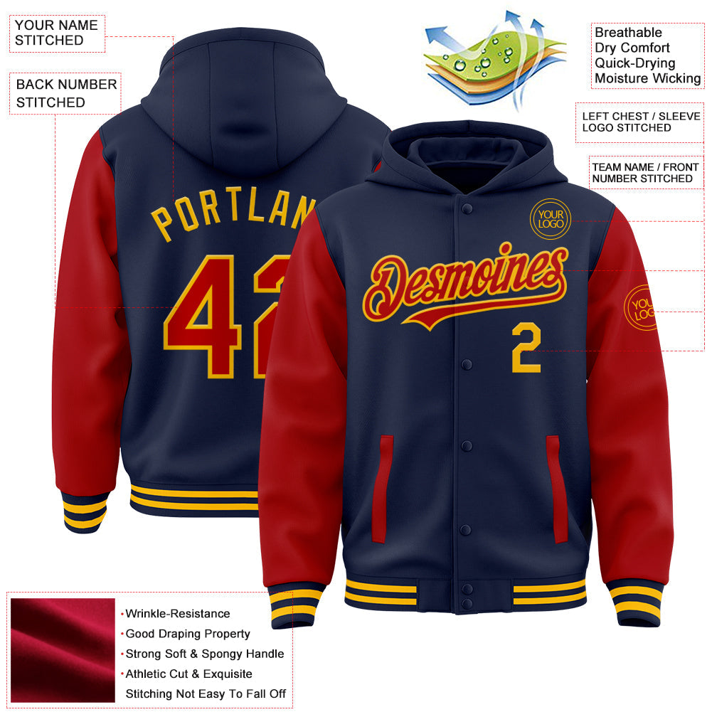 Custom Navy Red-Gold Bomber Full-Snap Varsity Letterman Two Tone Hoodie Jacket view 3