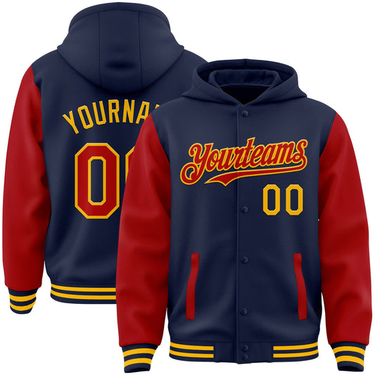 Custom Navy Red-Gold Bomber Full-Snap Varsity Letterman Two Tone Hoodie Jacket - Main View