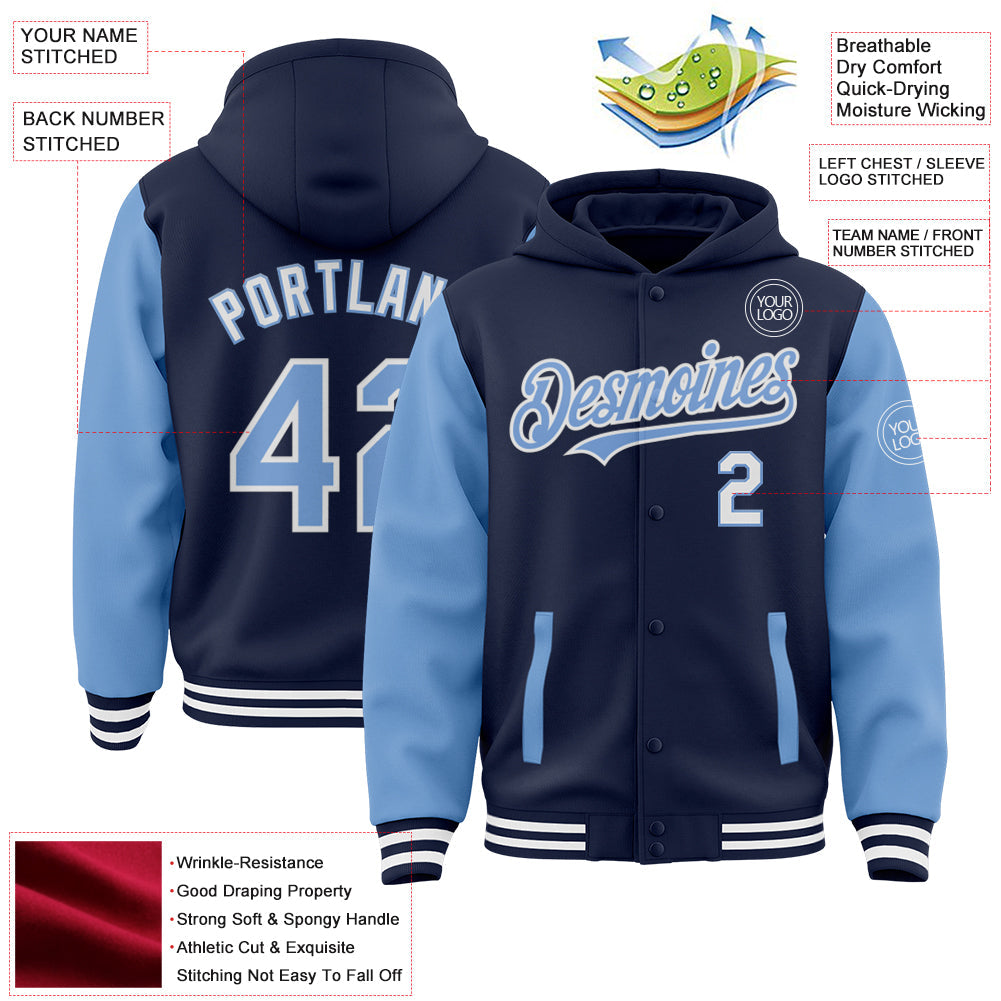 Custom Navy Light Blue-White Bomber Full-Snap Varsity Letterman Two Tone Hoodie Jacket view 3